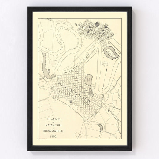 Vintage map of Brownsville, Texas, 1890, Rio Grande border city