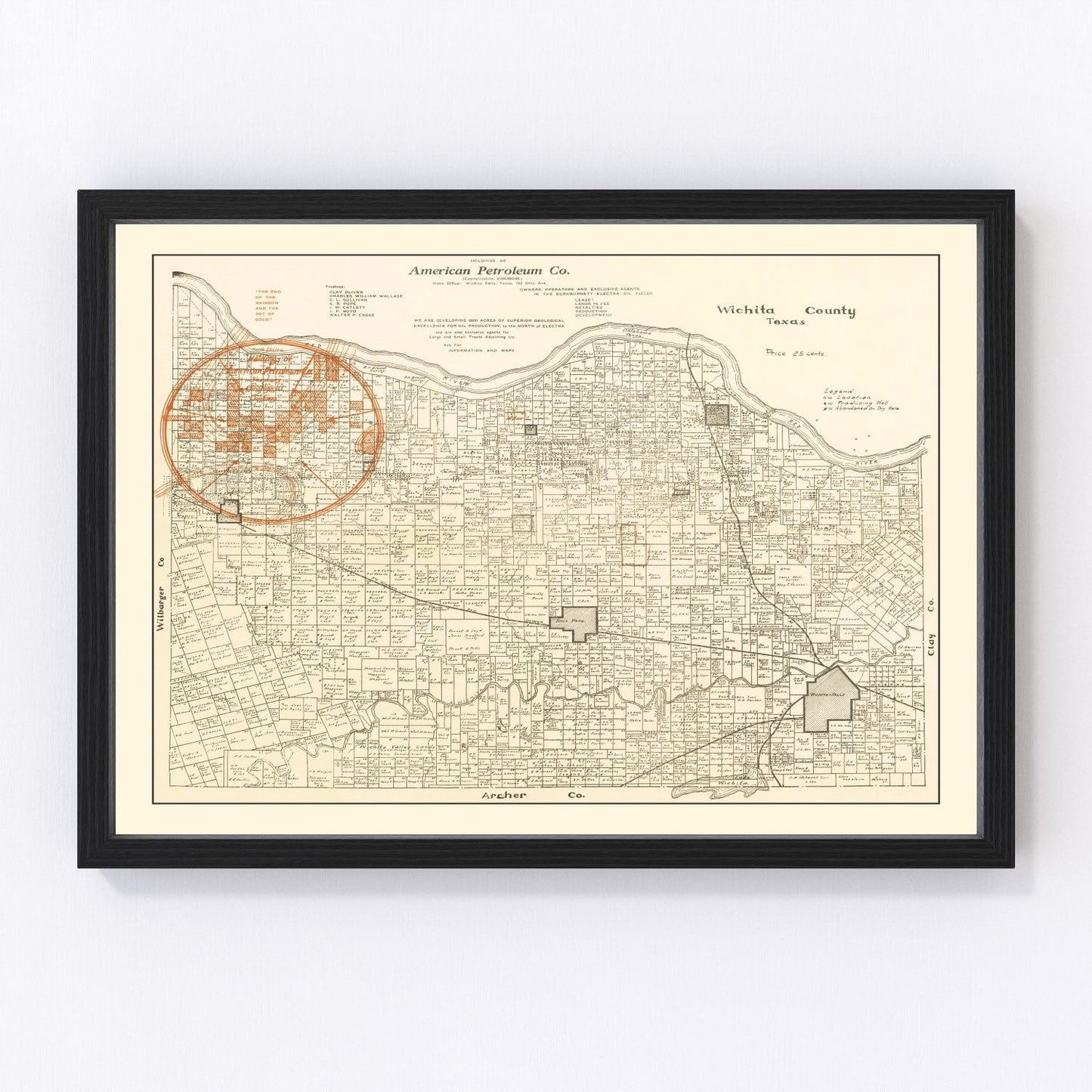 Vintage map of Wichita County, Texas, 1918, WWI era oil fields and rail lines
