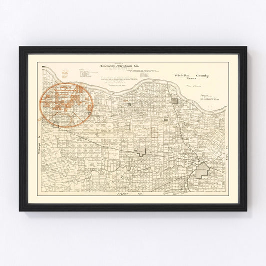 Vintage map of Wichita County, Texas, 1918, WWI era oil fields and rail lines