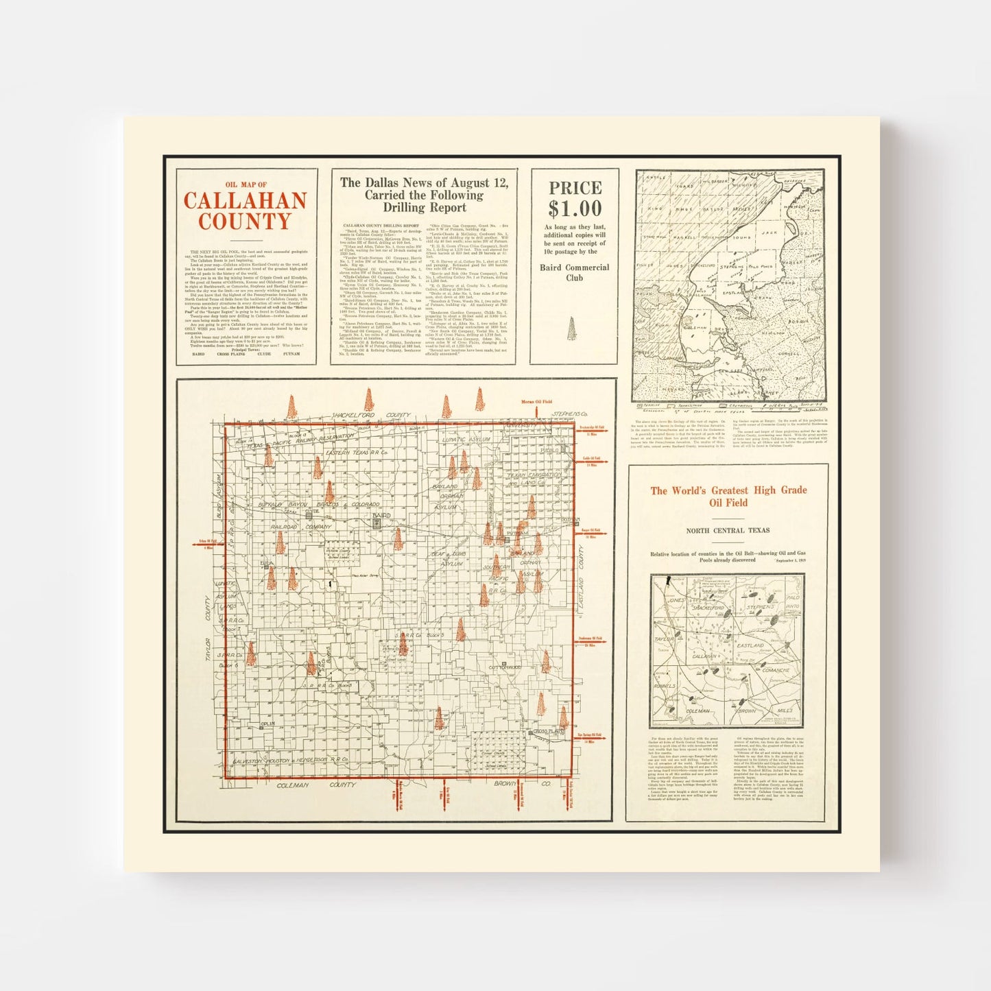 Vintage Map of Callahan County, Texas, 1919