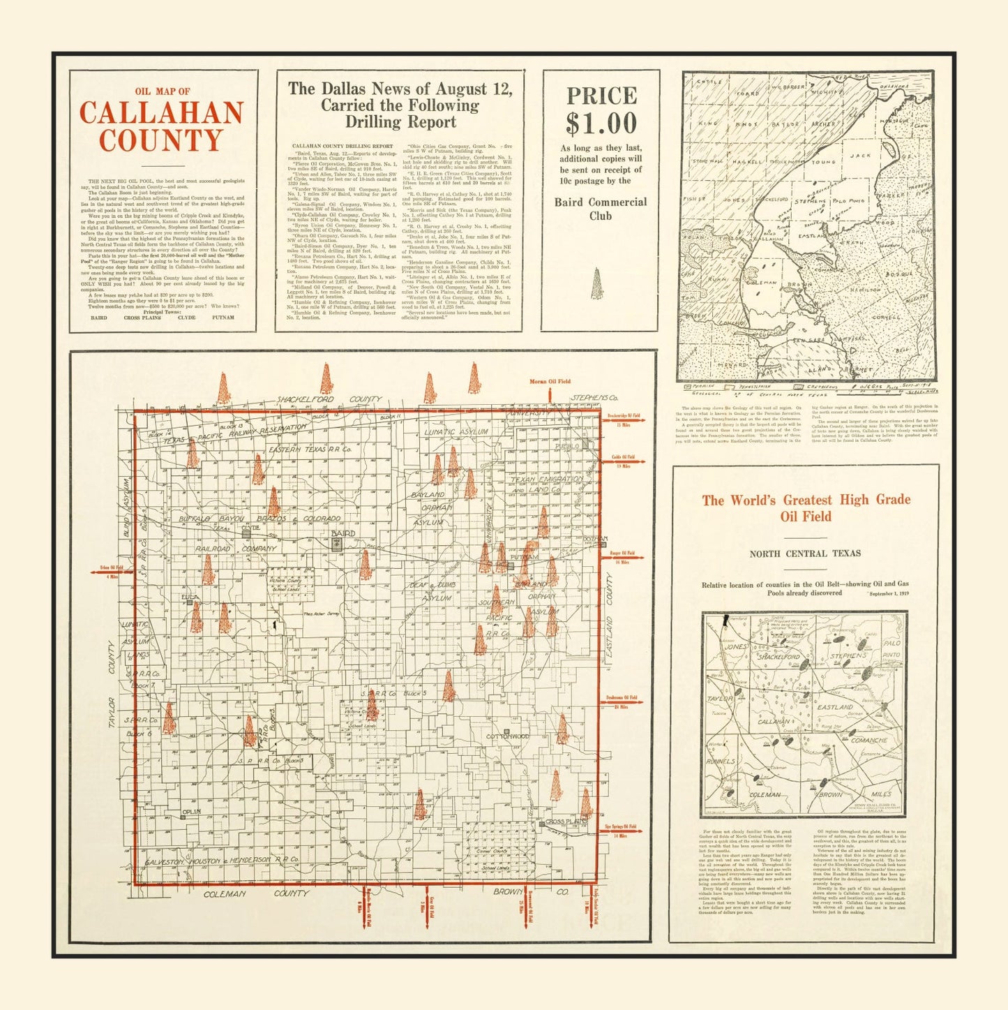 Vintage Map of Callahan County, Texas, 1919
