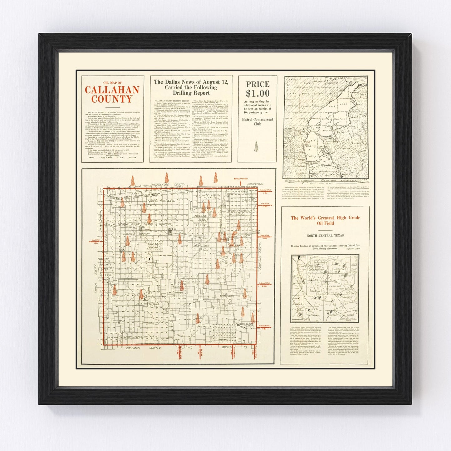 Vintage map of Callahan County, Texas, 1919, restored print