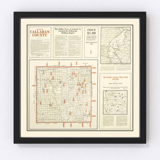 Vintage map of Callahan County, Texas, 1919, restored print