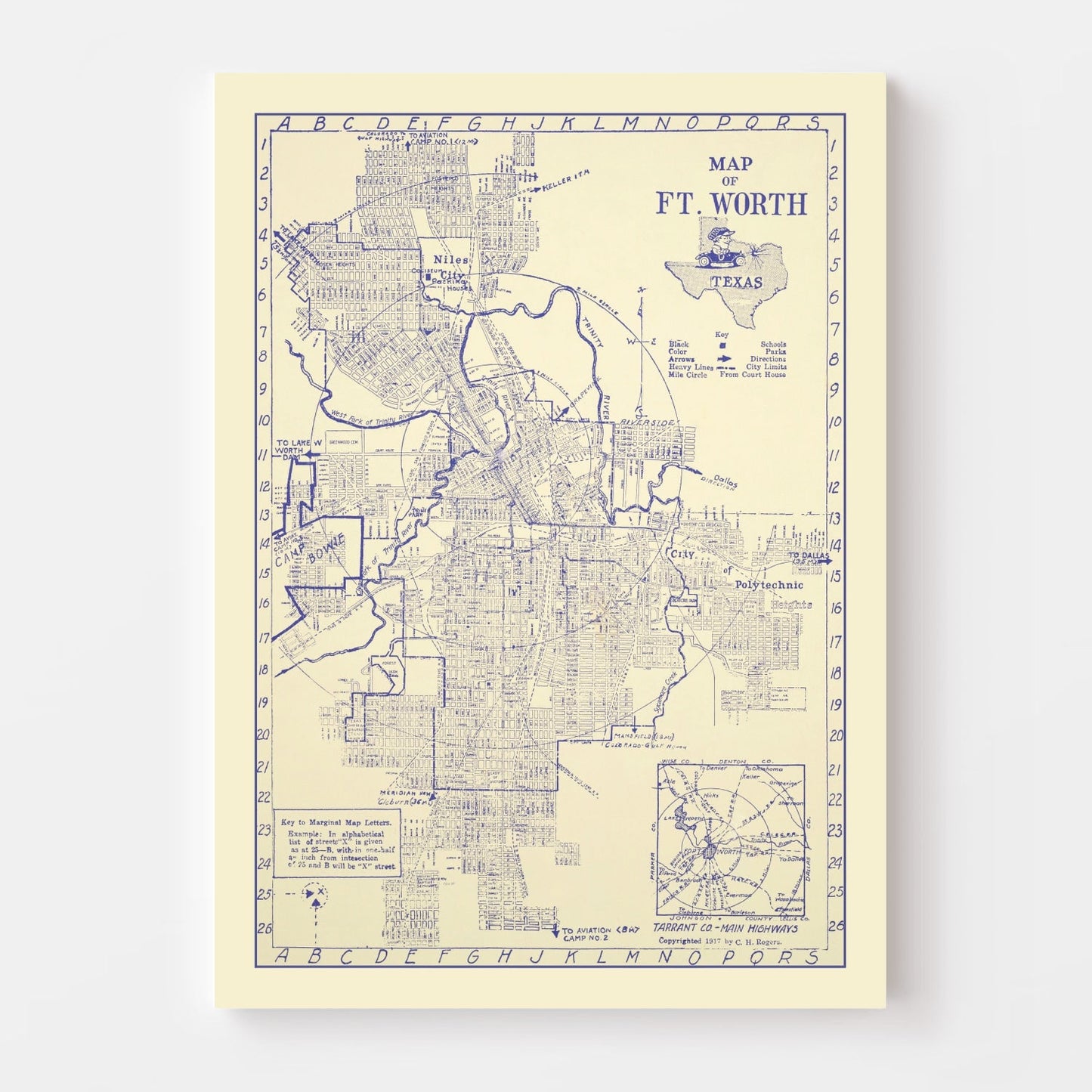 Vintage Map of Fort Worth, Texas, 1917