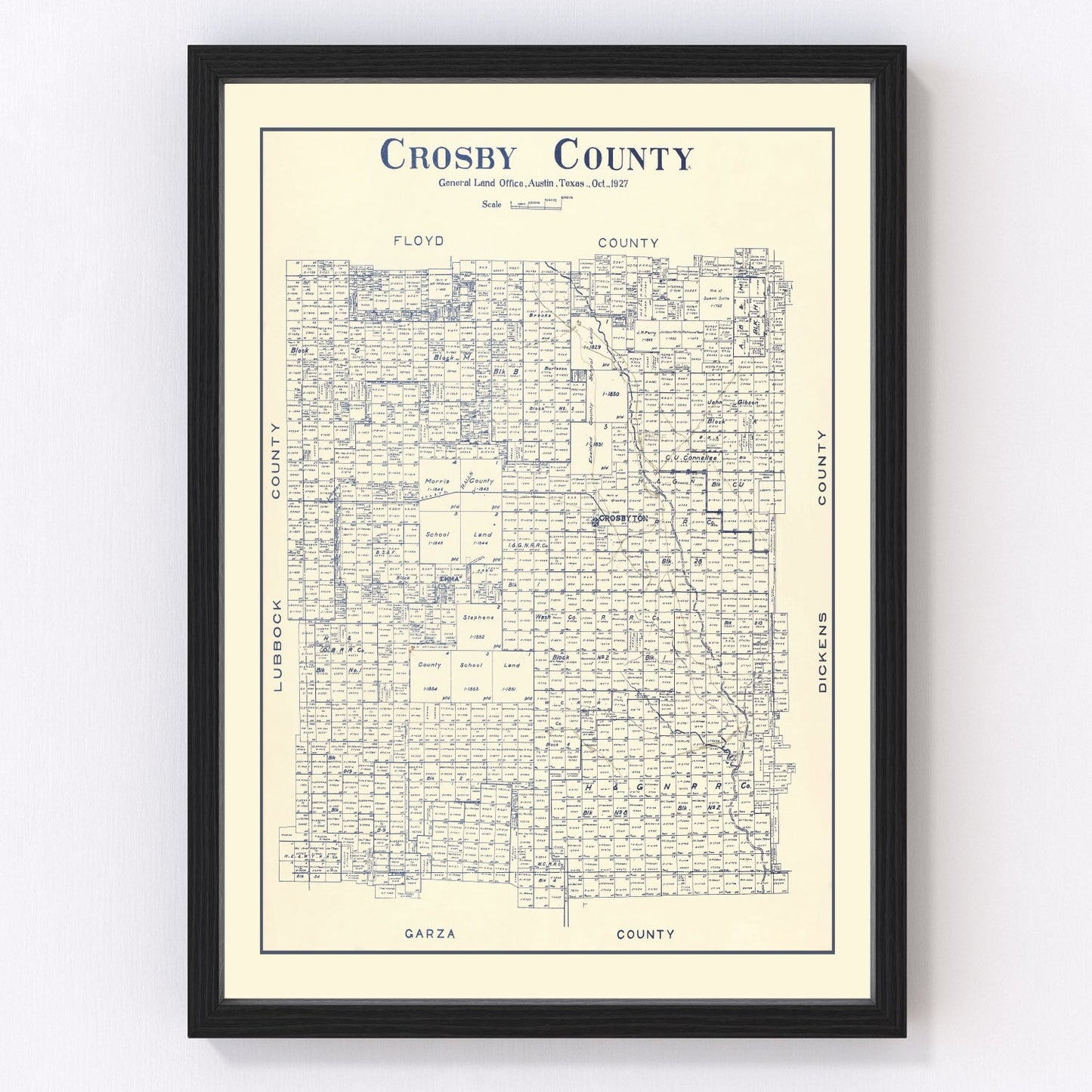 Vintage restored map of Crosby County, Texas, 1927, 1920s Panhandle cotton-farming era