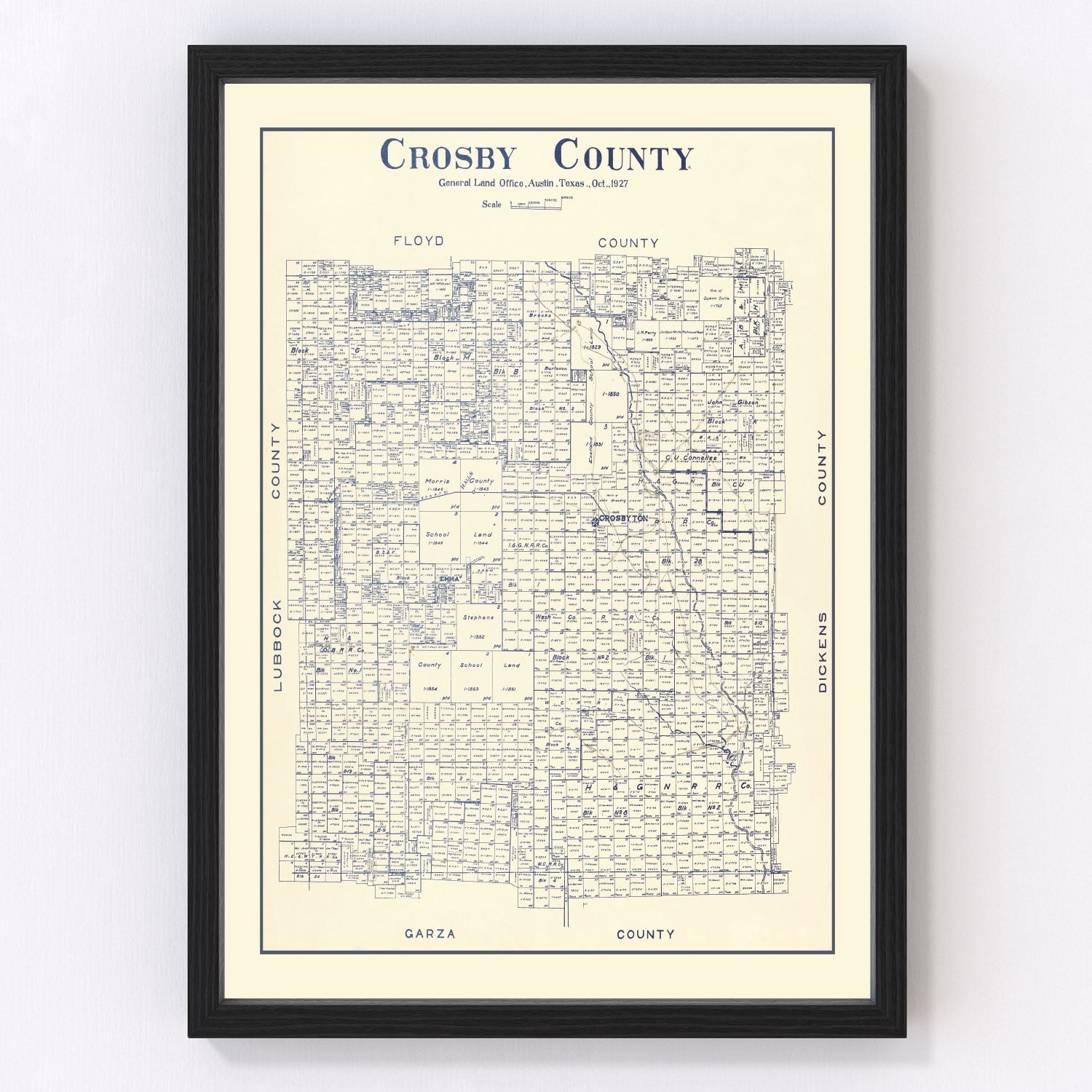 Vintage restored map of Crosby County, Texas, 1927, 1920s Panhandle cotton-farming era