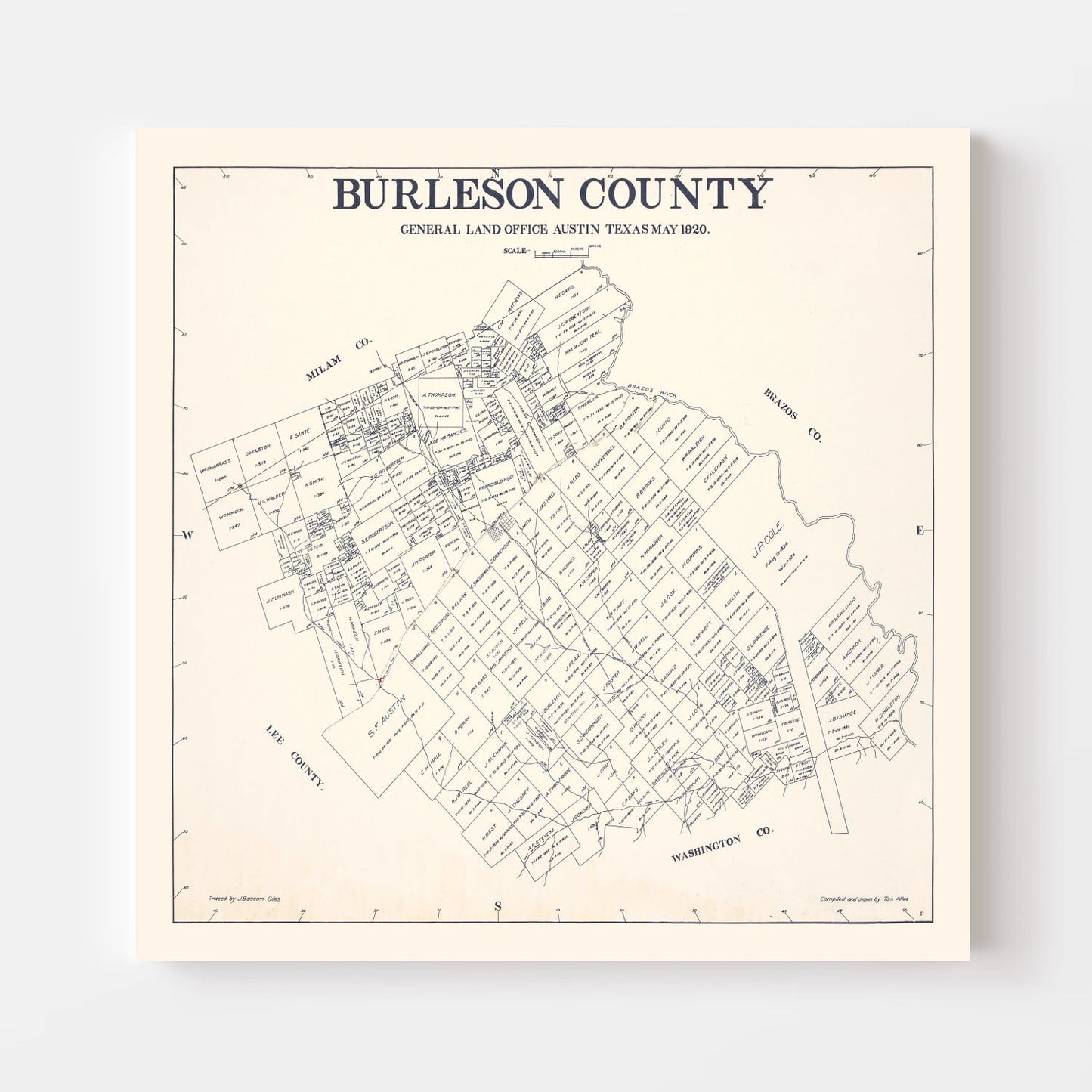 Vintage Map of Burleson County, Texas, 1920 - Print