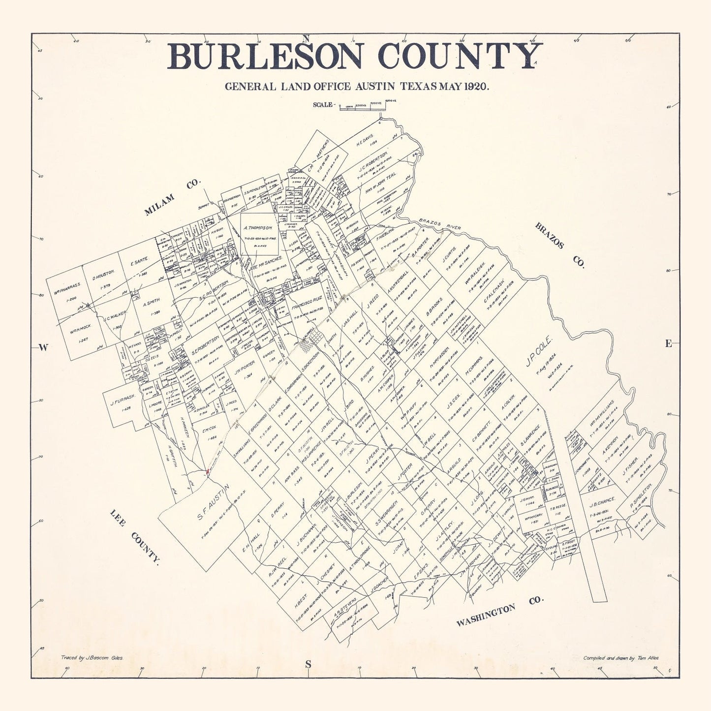 Vintage Map of Burleson County, Texas, 1920 - Print