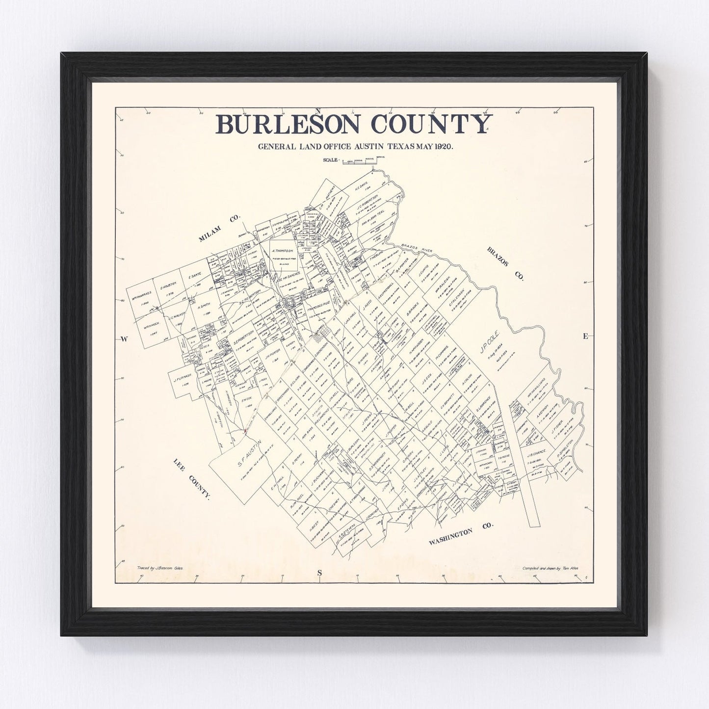 Vintage map of Burleson County, Texas, 1920, restored print wall art