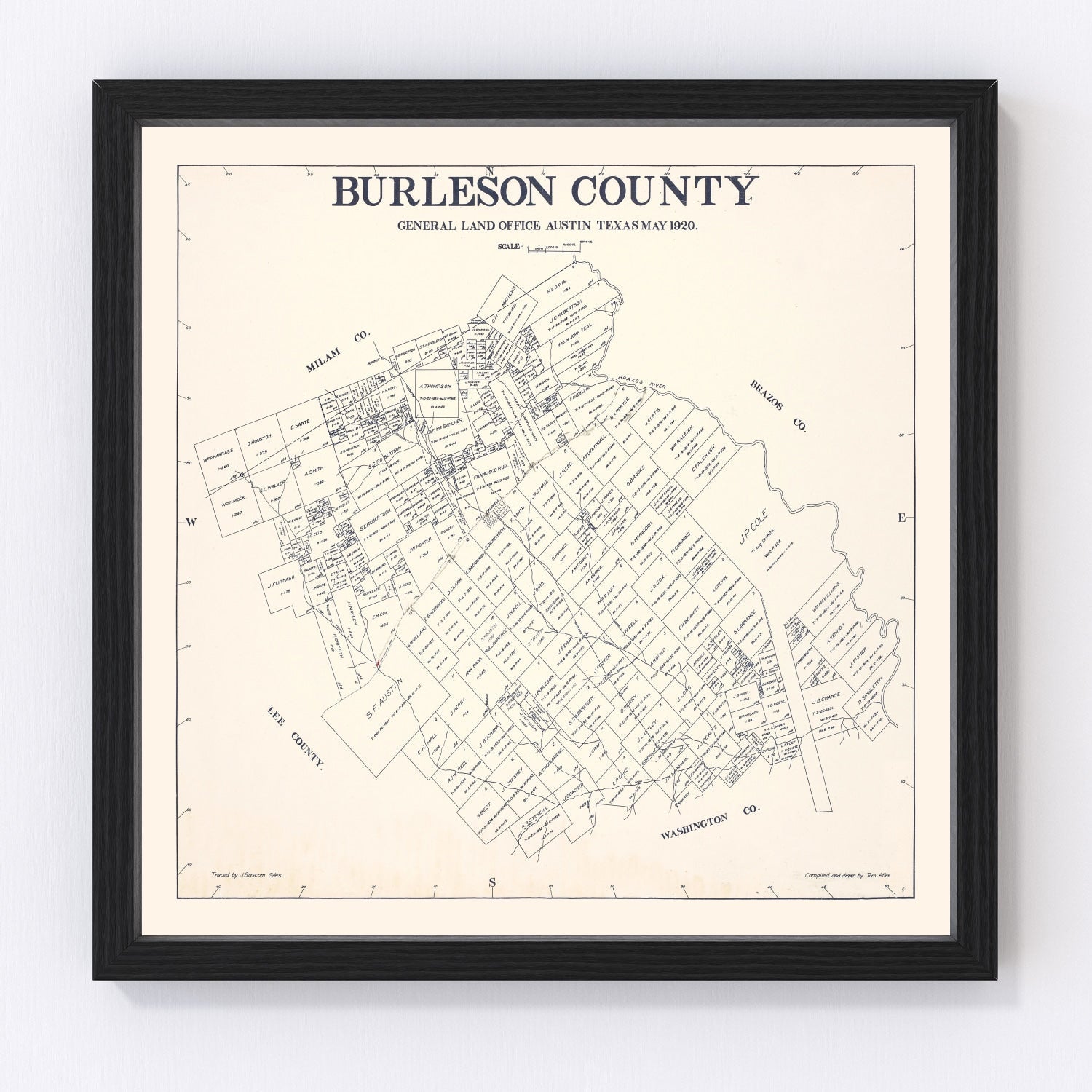 Vintage map of Burleson County, Texas, 1920, restored print wall art
