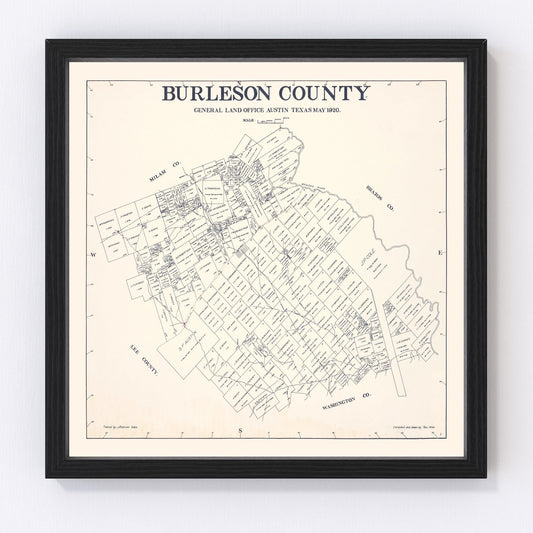 Vintage map of Burleson County, Texas, 1920, restored print wall art