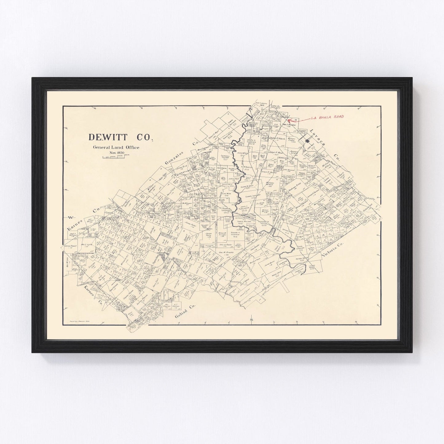 Vintage restored map of DeWitt County, Texas, 1920, south-central Texas county cartography