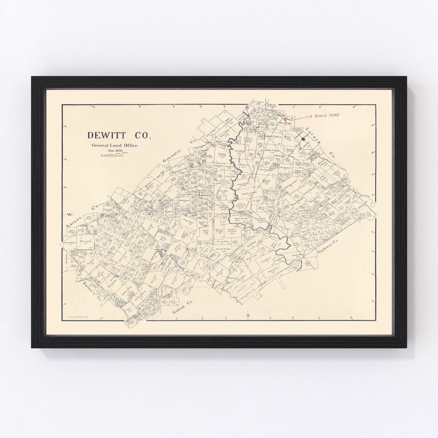 Vintage restored map of DeWitt County, Texas, 1920, south-central Texas county cartography