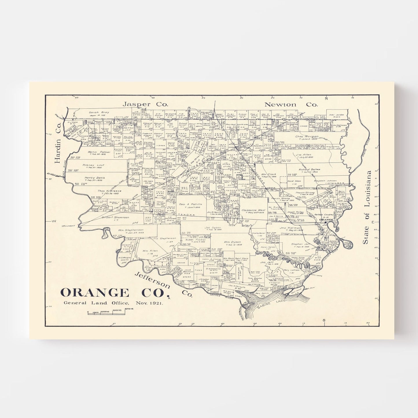 Vintage Map of Orange County, Texas, 1921