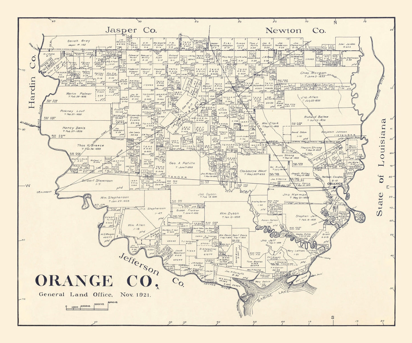 Vintage Map of Orange County, Texas, 1921