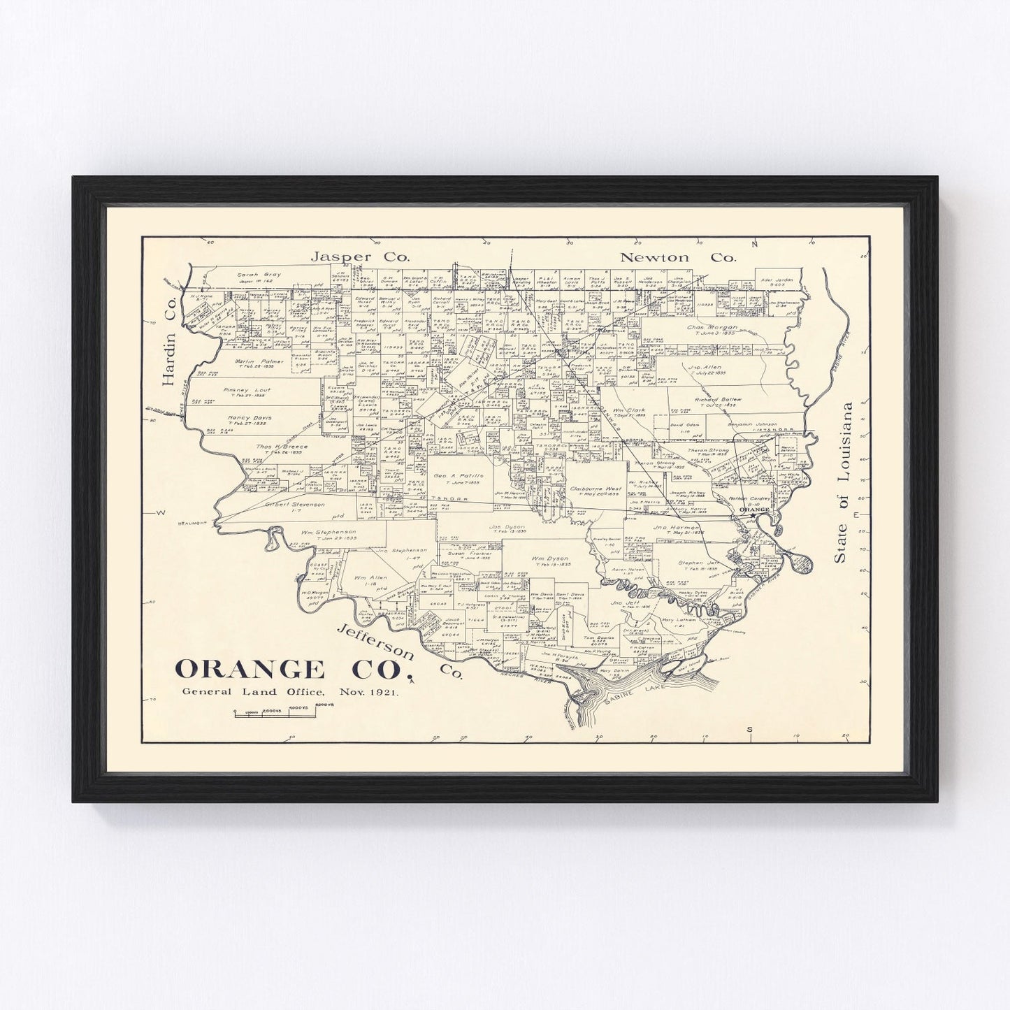 Vintage map of Orange County, Texas, 1921