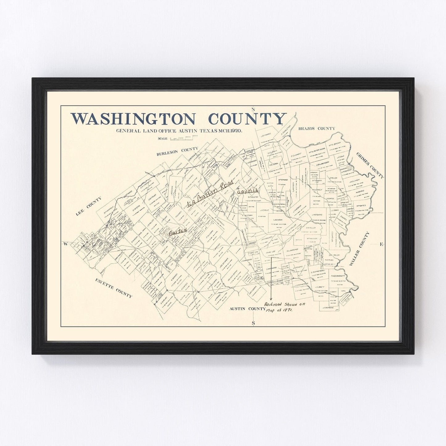 Vintage map of Washington County, Texas, 1920 - Brenham restored print