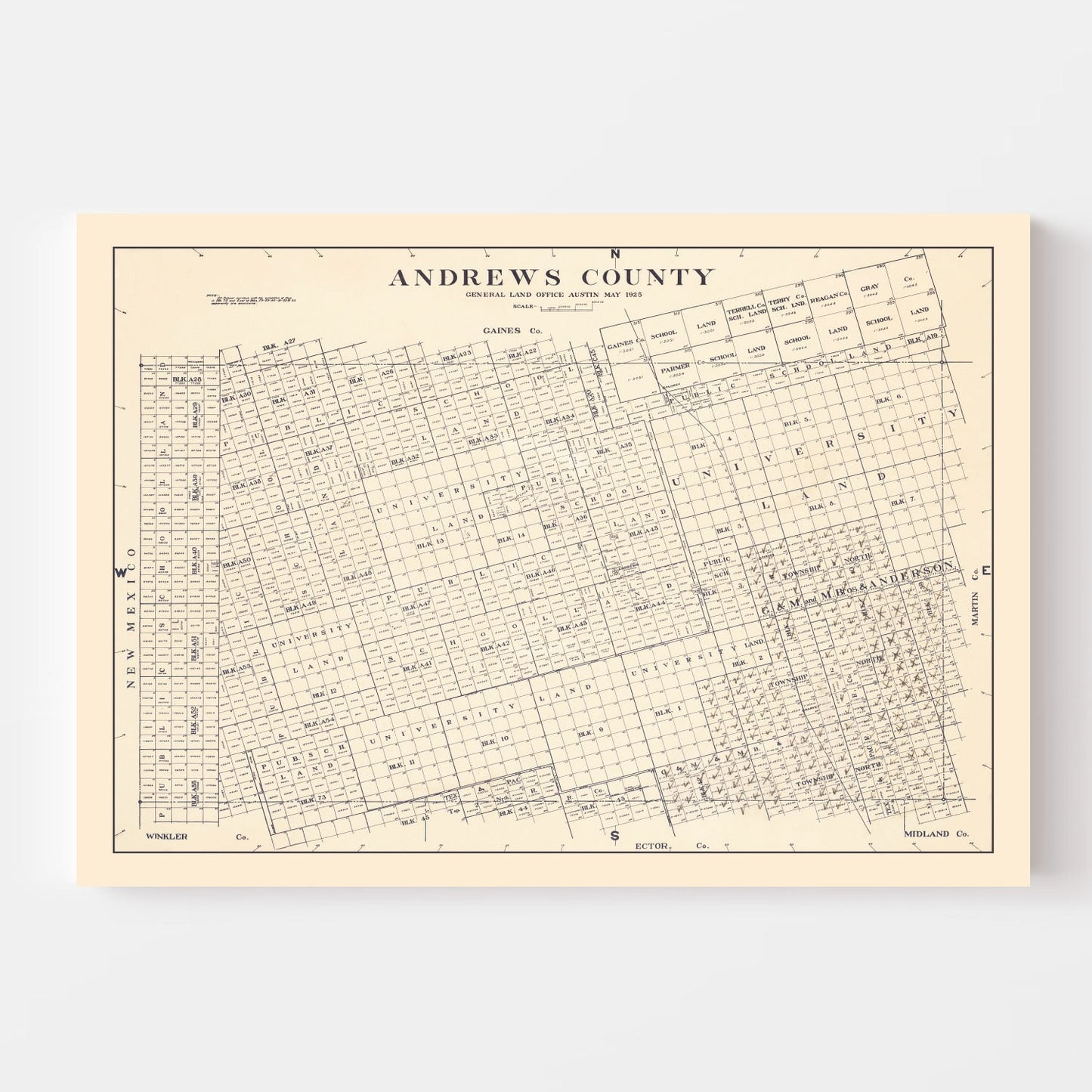 Vintage Map of Andrews County, Texas, 1925 Wall Art
