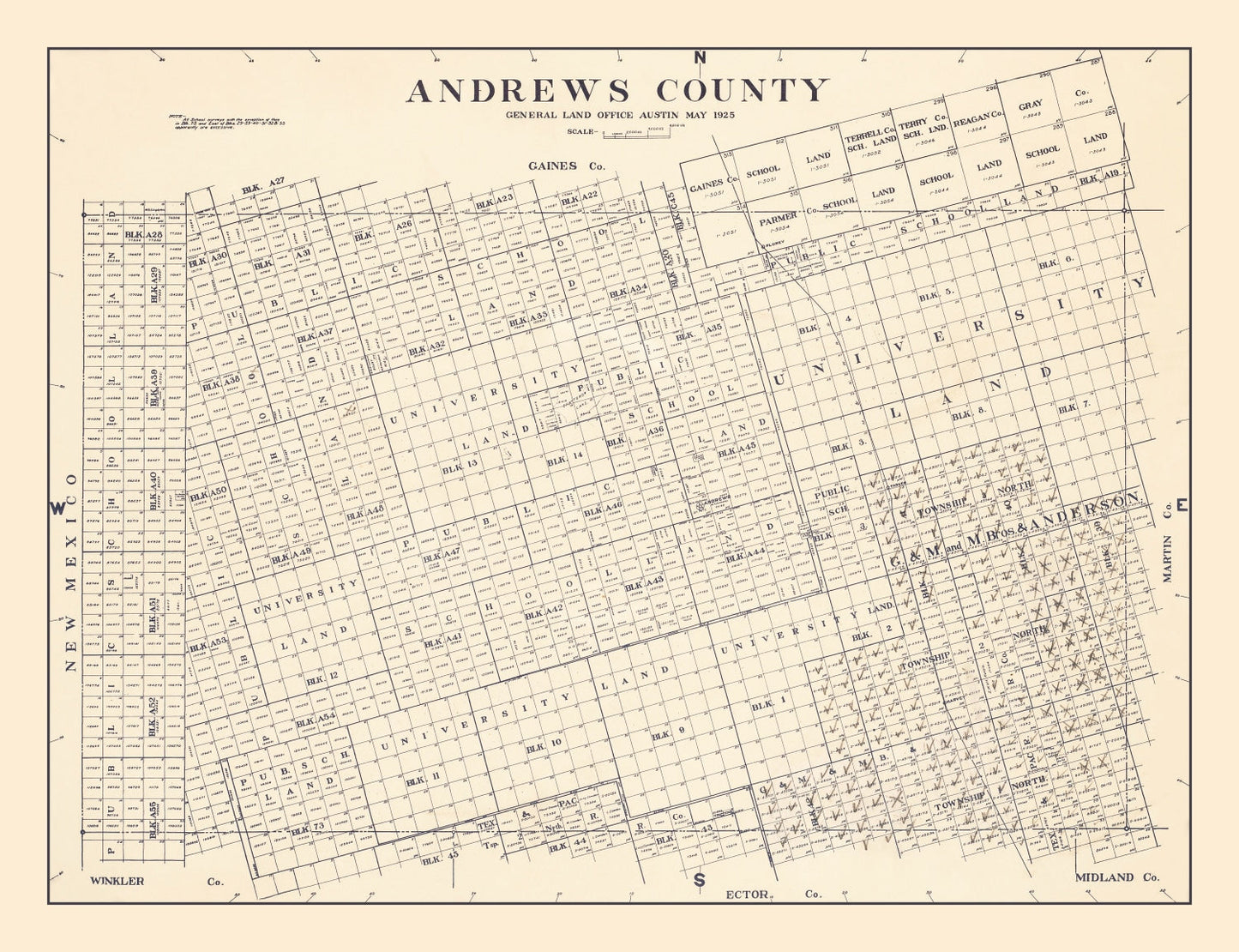 Vintage Map of Andrews County, Texas, 1925 Wall Art