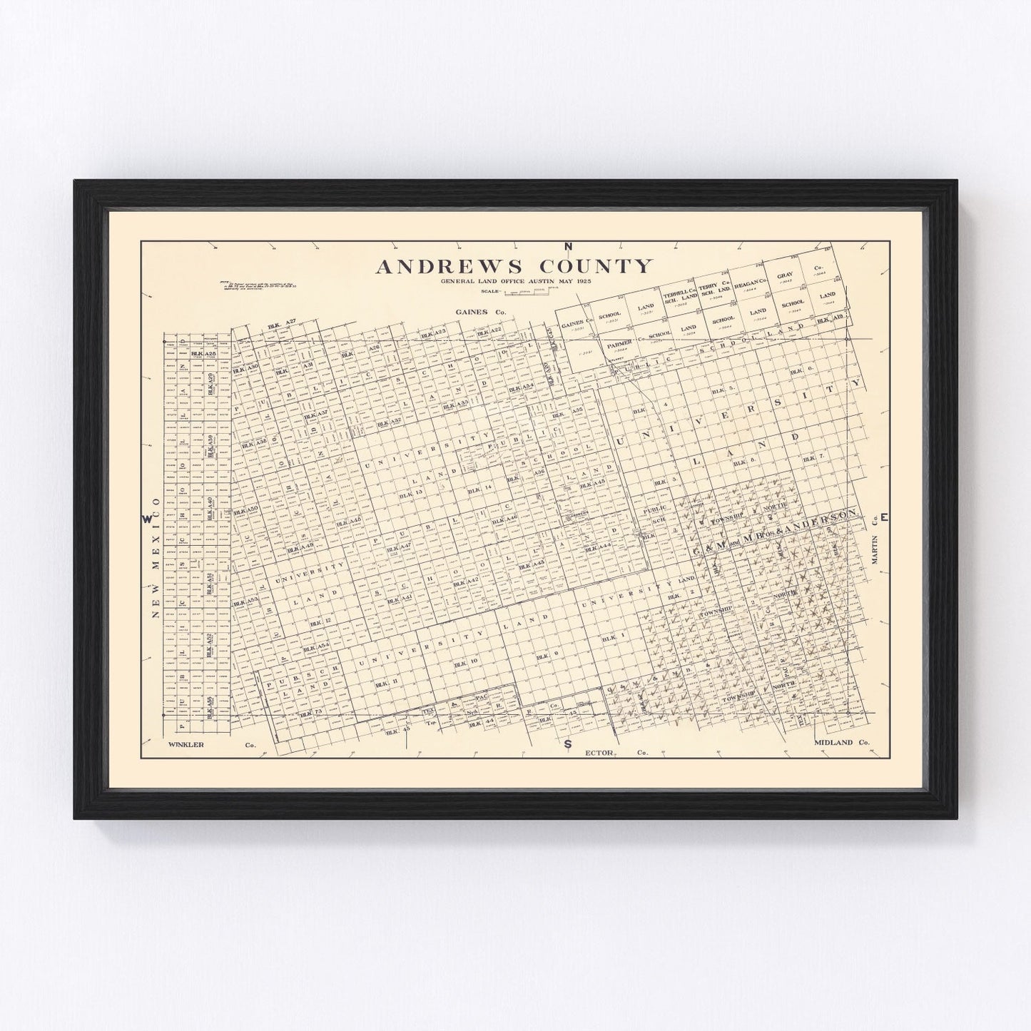 Restored vintage map of Andrews County, Texas, 1925, land survey detail