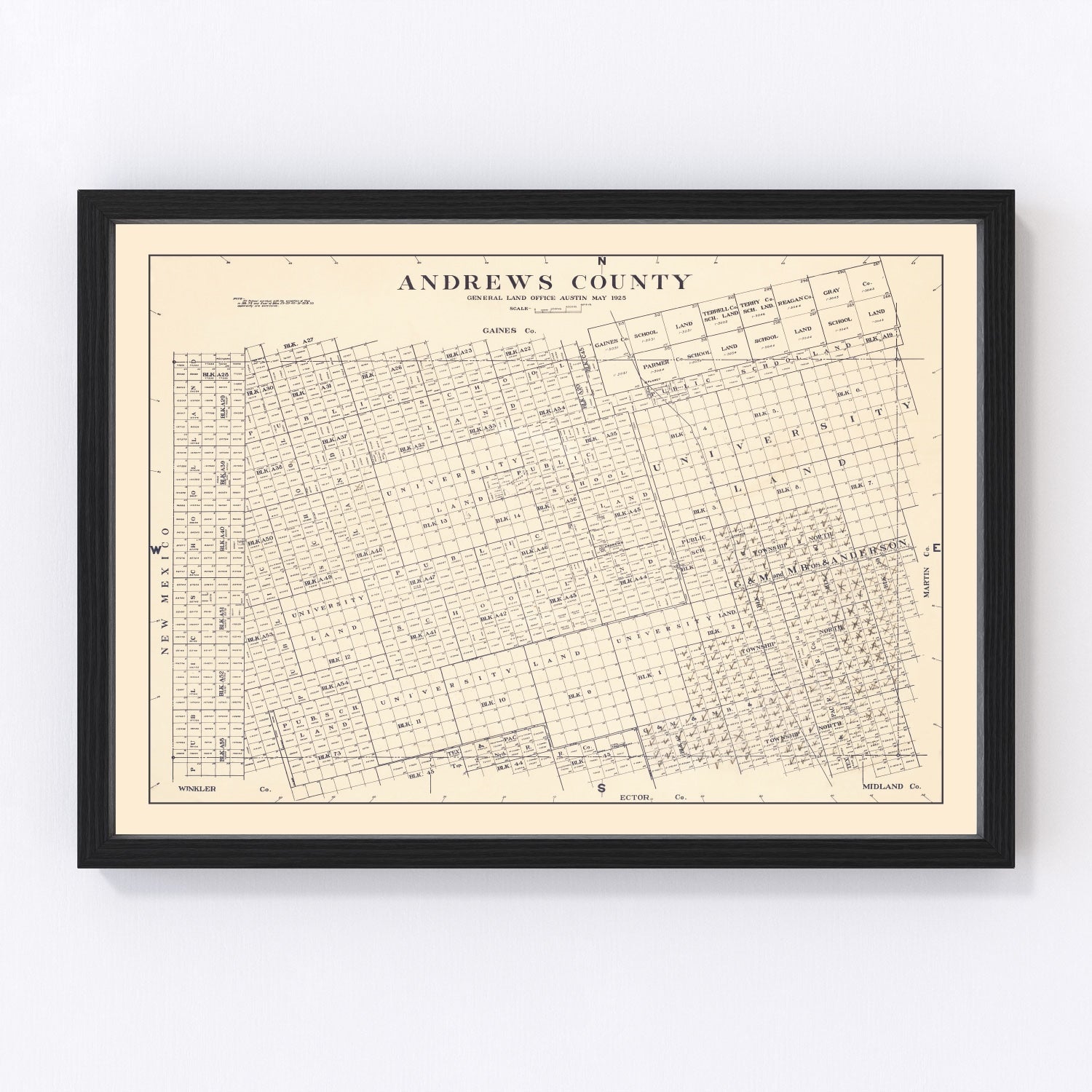 Restored vintage map of Andrews County, Texas, 1925, land survey detail