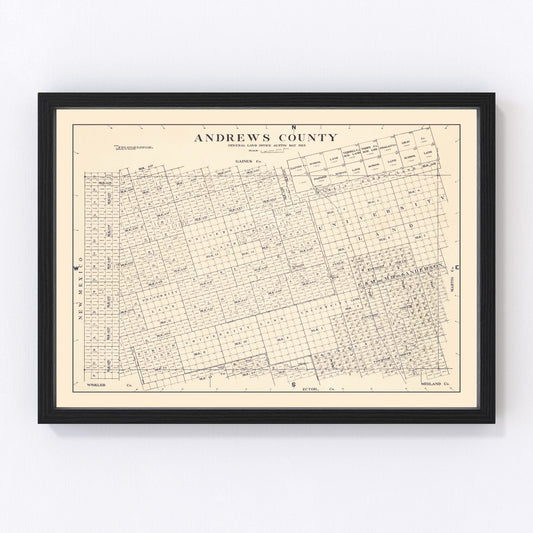 Restored vintage map of Andrews County, Texas, 1925, land survey detail