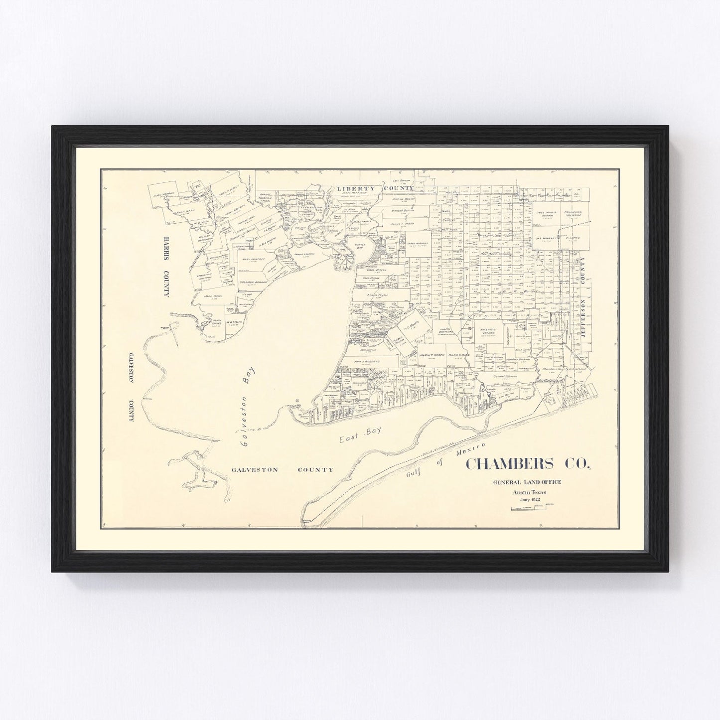 Vintage map of Chambers County, Texas, 1922, Galveston Bay coastal county