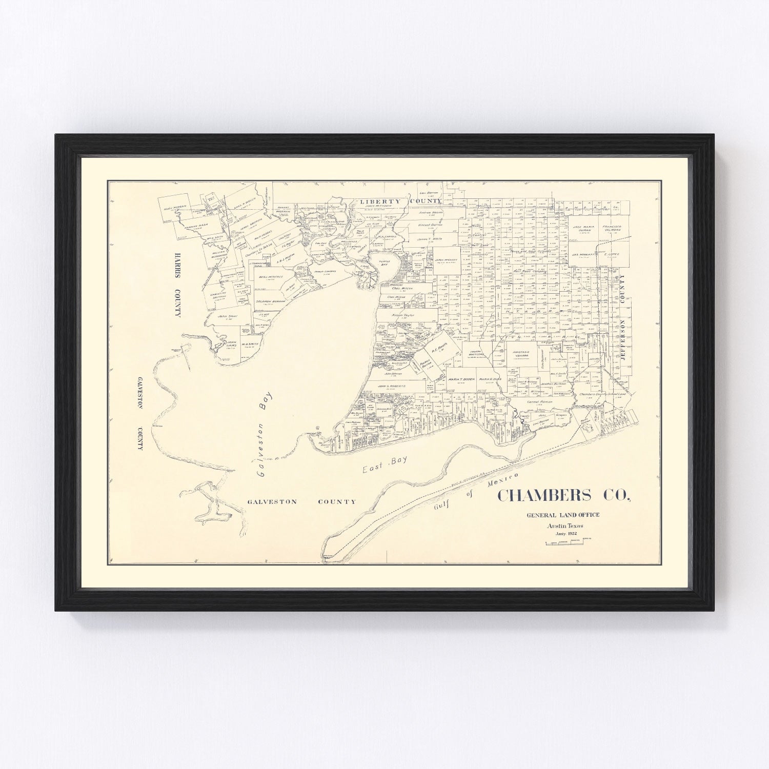 Vintage map of Chambers County, Texas, 1922, Galveston Bay coastal county