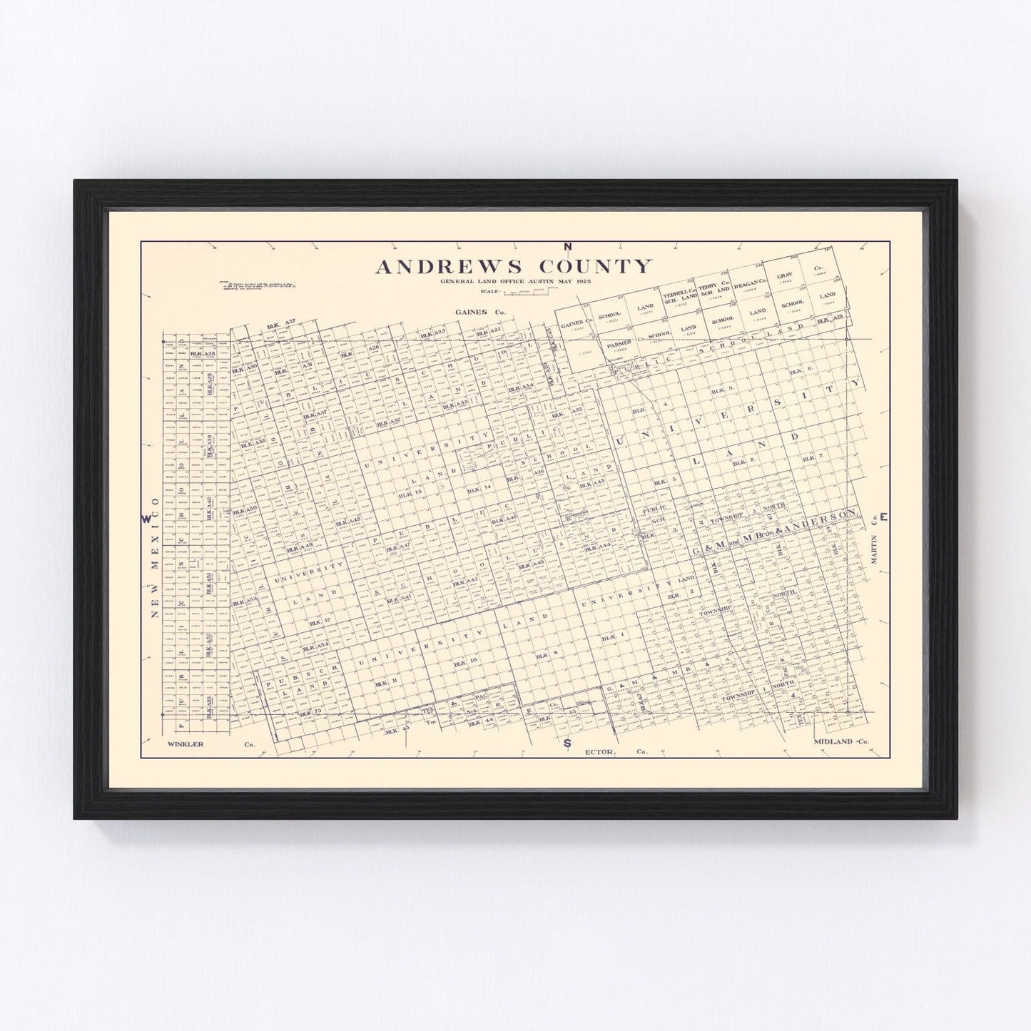 Restored vintage map of Andrews County, Texas, 1925
