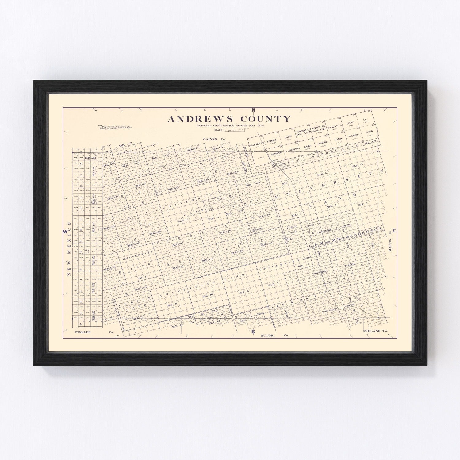 Restored vintage map of Andrews County, Texas, 1925