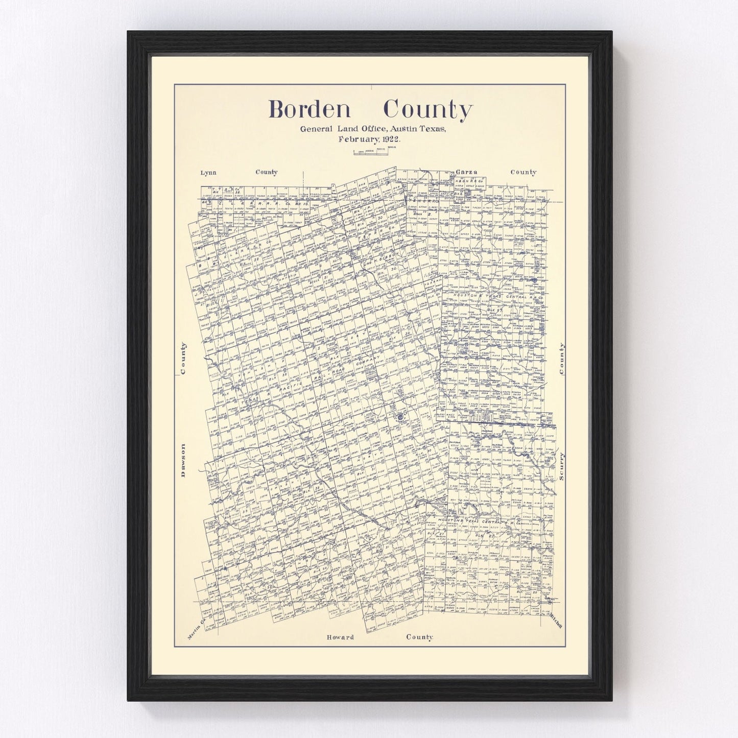 vintage map of Borden County, Texas, 1922, restored print wall art