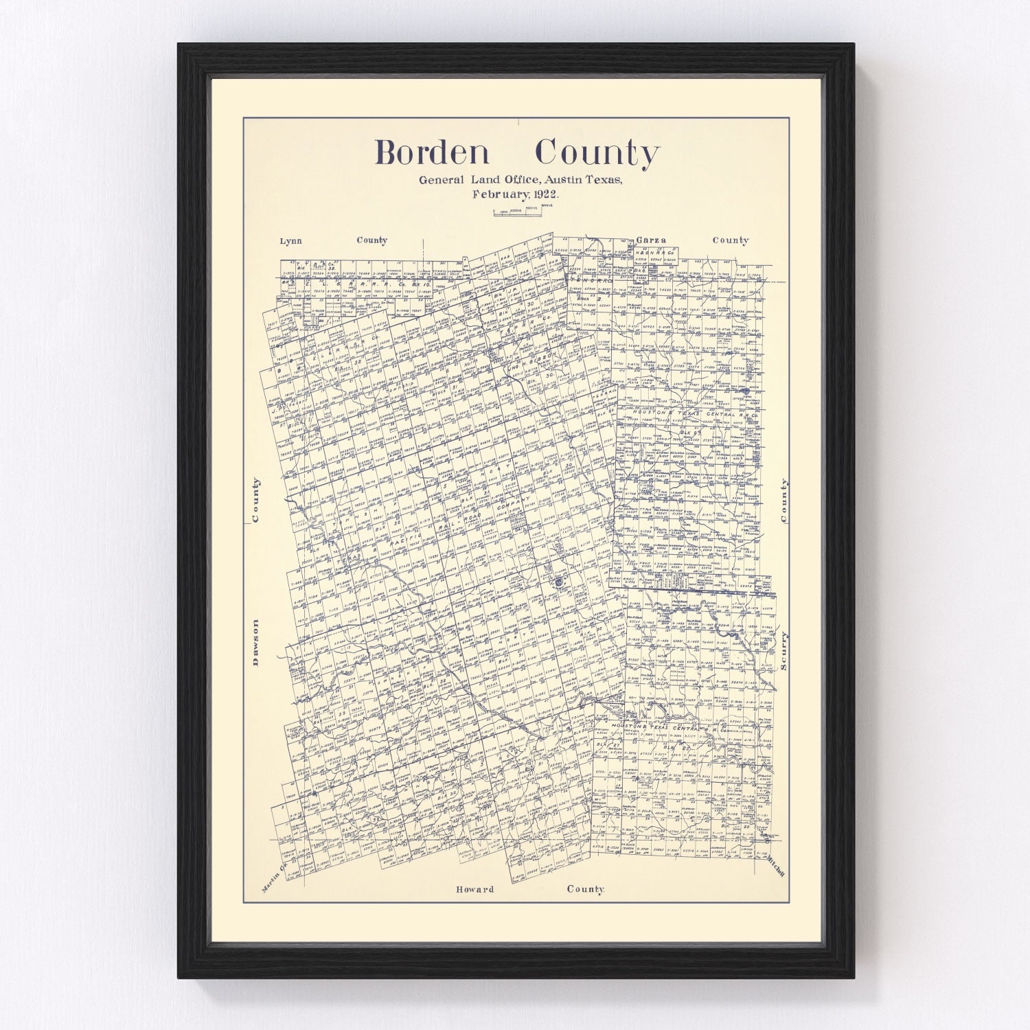 vintage map of Borden County, Texas, 1922, restored print wall art