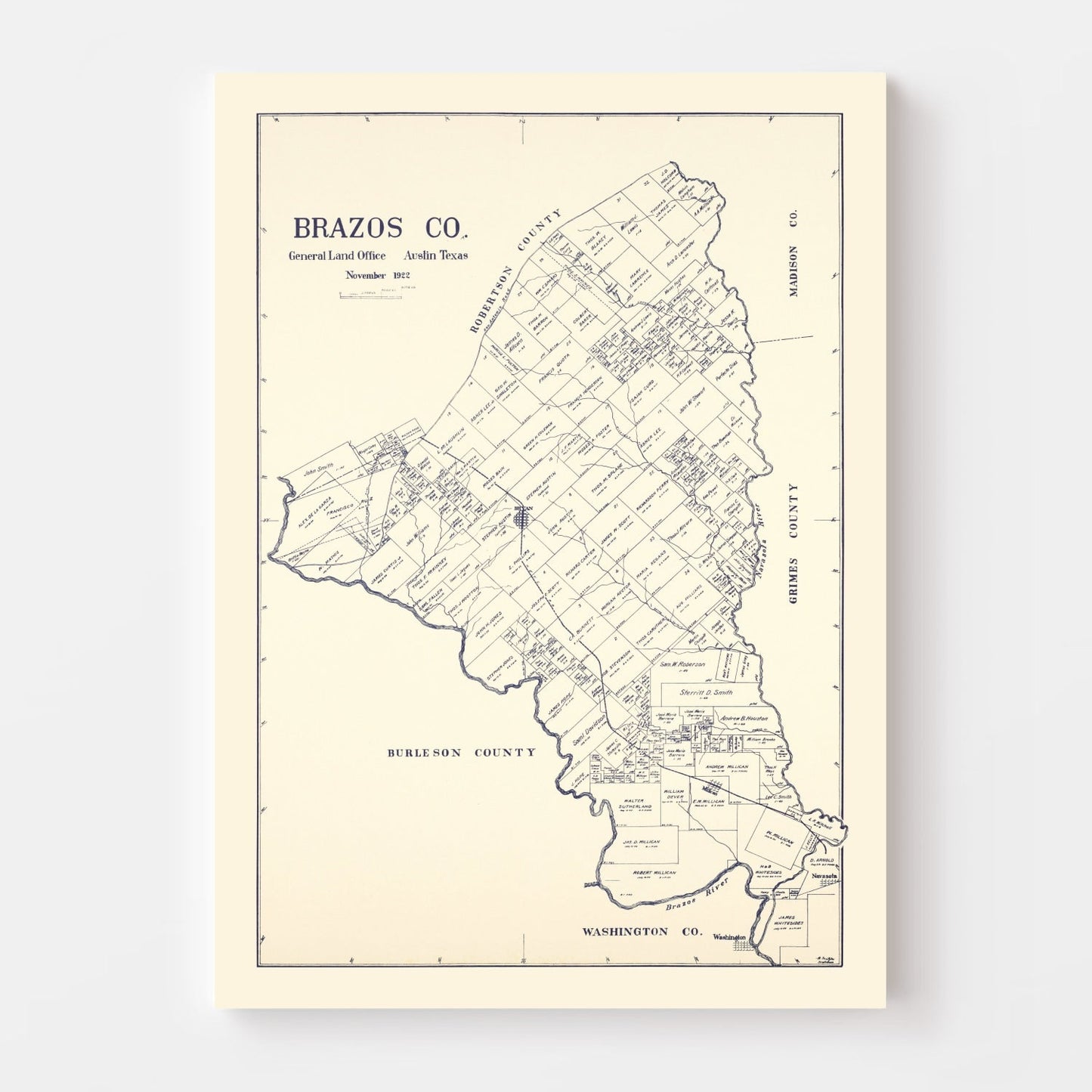 Vintage Map of Brazos County, Texas 1922