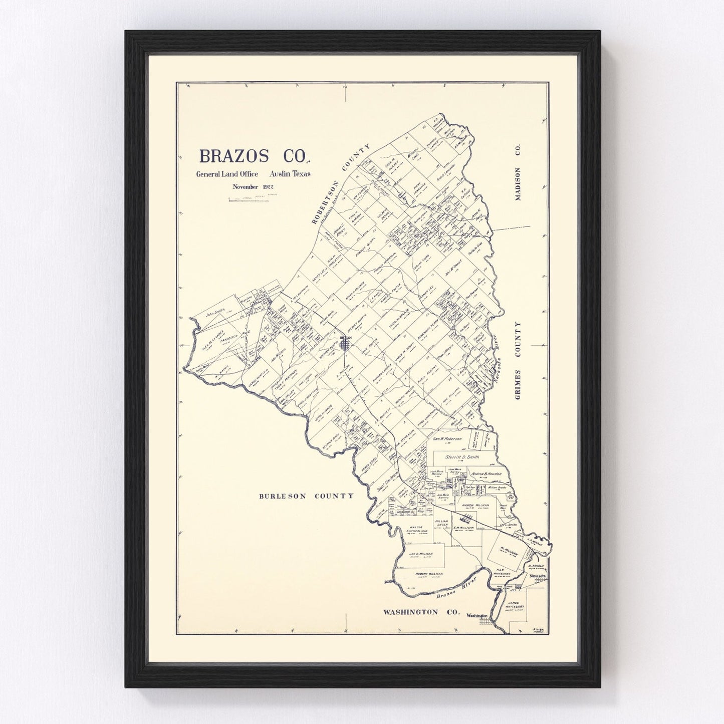 vintage map of Brazos County Texas, 1922, restored print wall art