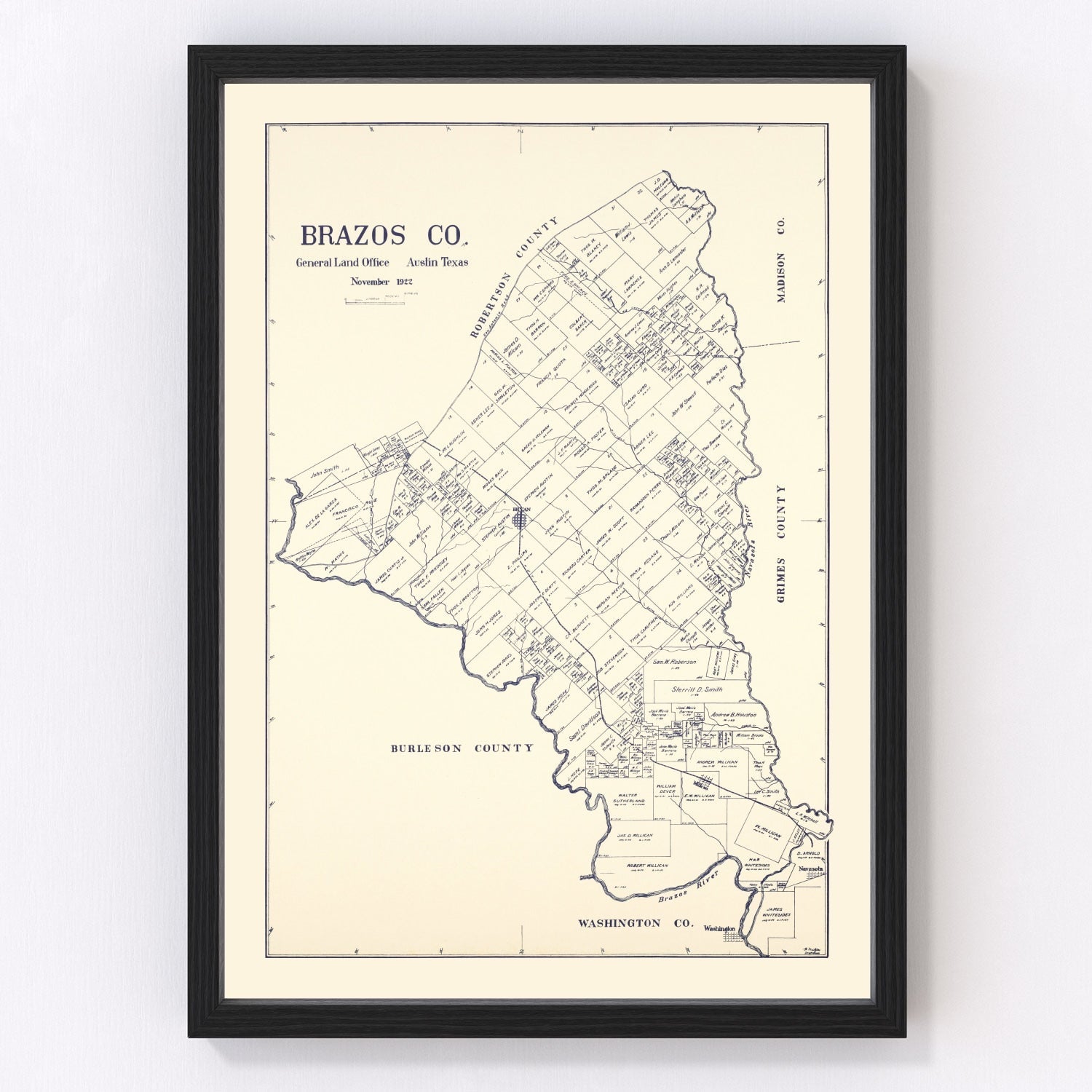 vintage map of Brazos County Texas, 1922, restored print wall art
