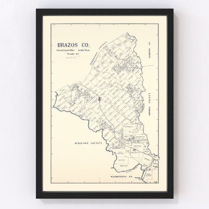 vintage map of Brazos County Texas, 1922, restored print wall art