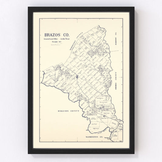 vintage map of Brazos County Texas, 1922, restored print wall art