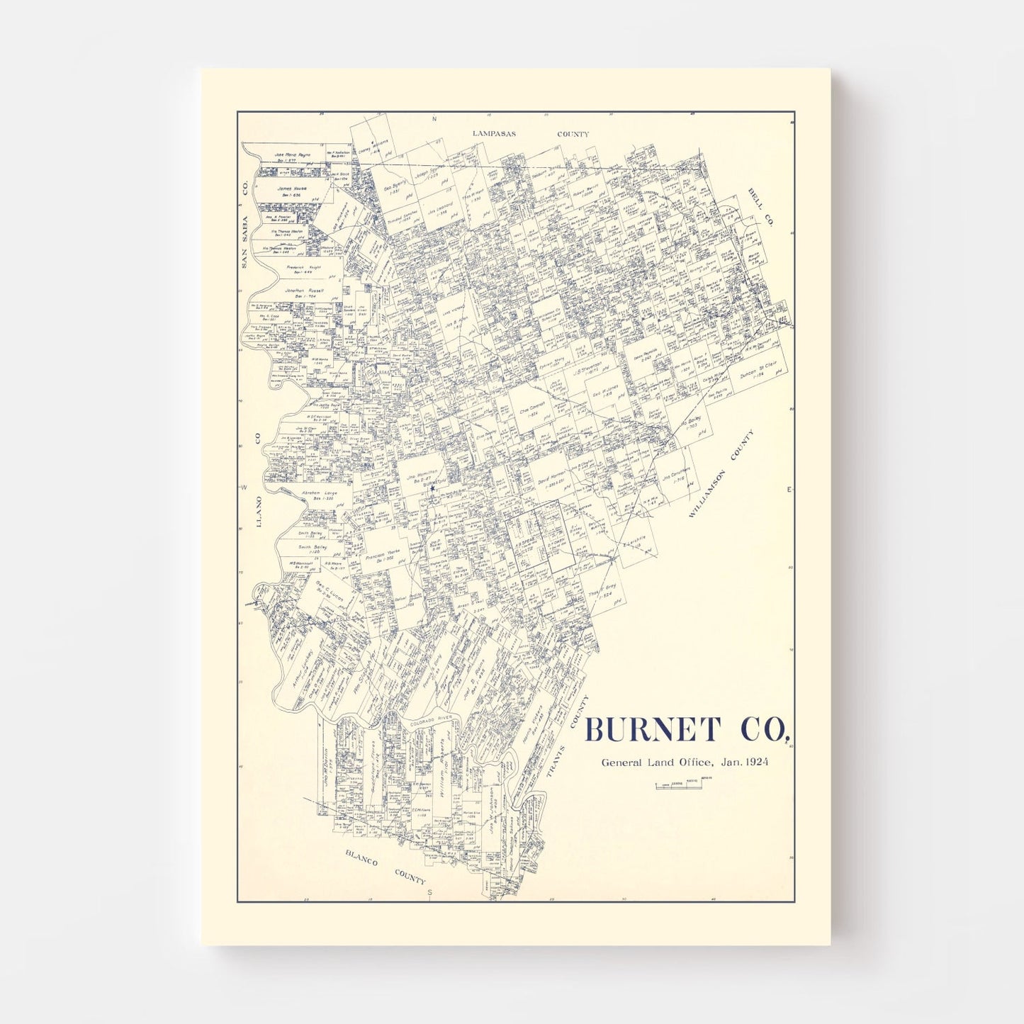 Vintage Map of Burnet County, Texas, 1924 | Wall Art