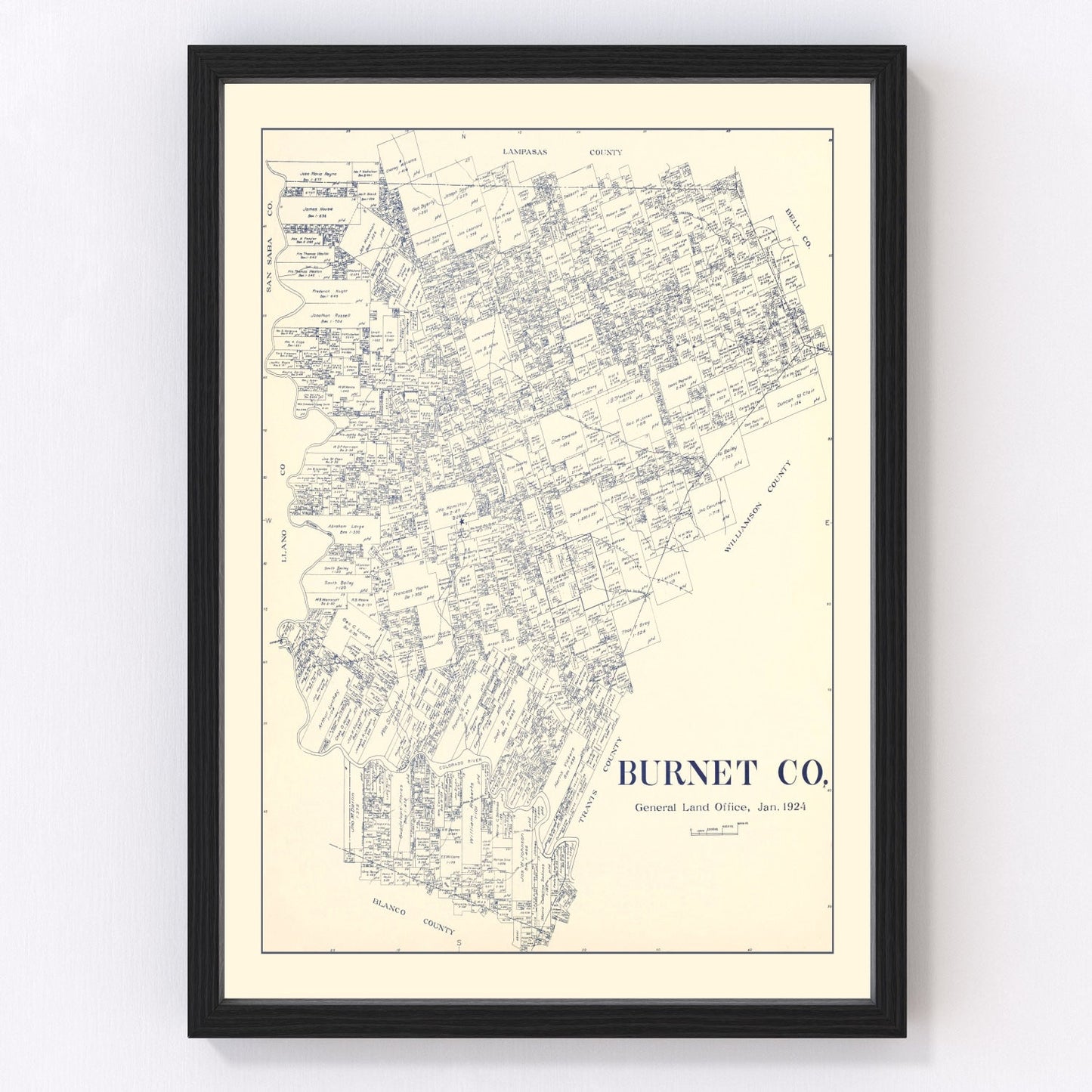 Vintage map of Burnet County, Texas, 1924, Marble Falls restored print