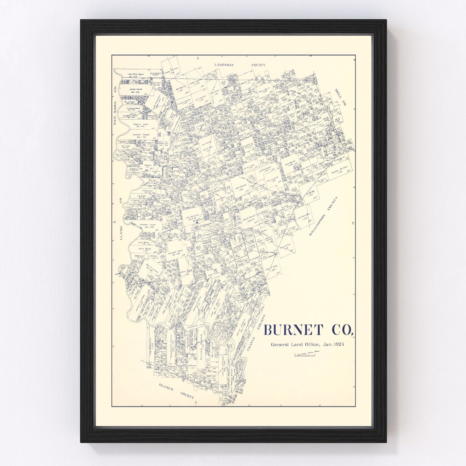 Vintage map of Burnet County, Texas, 1924, Marble Falls restored print