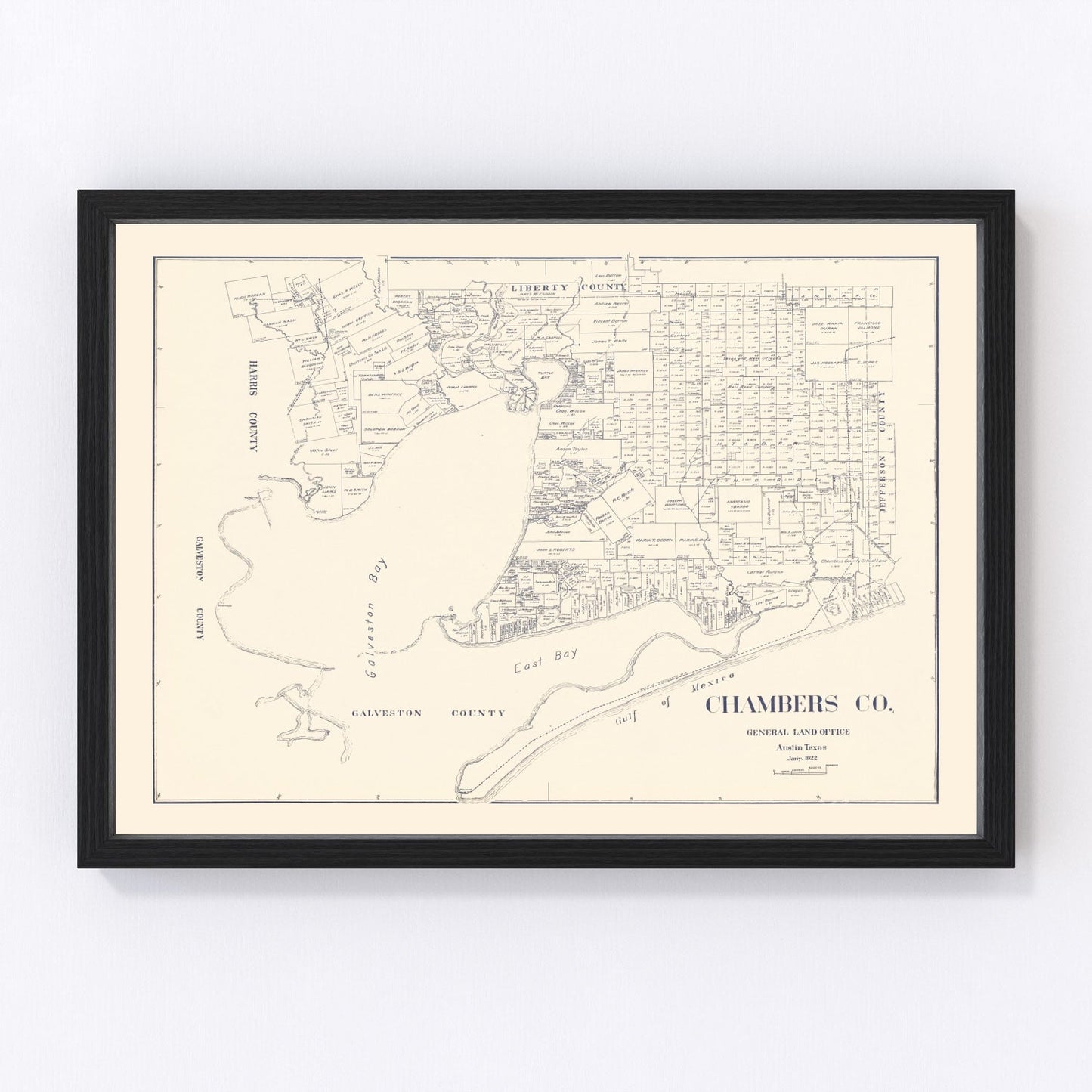 Vintage map of Chambers County, Texas, 1922, Gulf Coast county on Galveston Bay