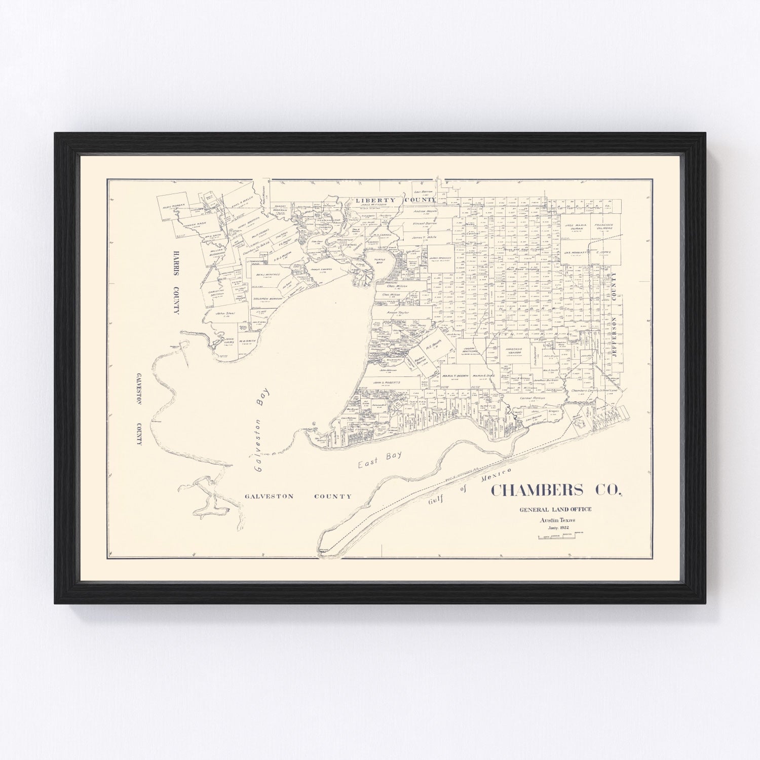 Vintage map of Chambers County, Texas, 1922, Gulf Coast county on Galveston Bay