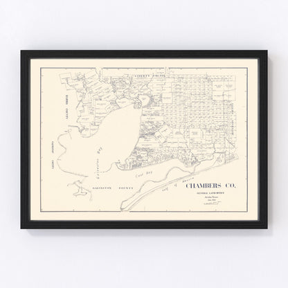 Vintage map of Chambers County, Texas, 1922, Gulf Coast county on Galveston Bay