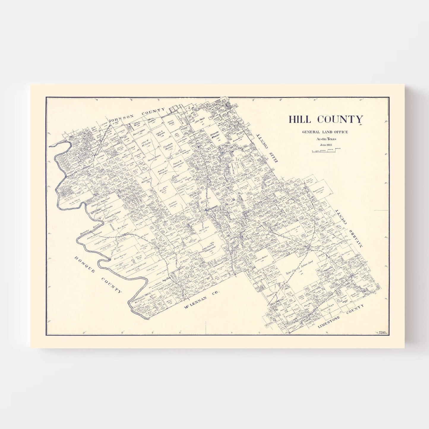 Vintage Map of Hill County, Texas, 1922 (Hillsboro Print)