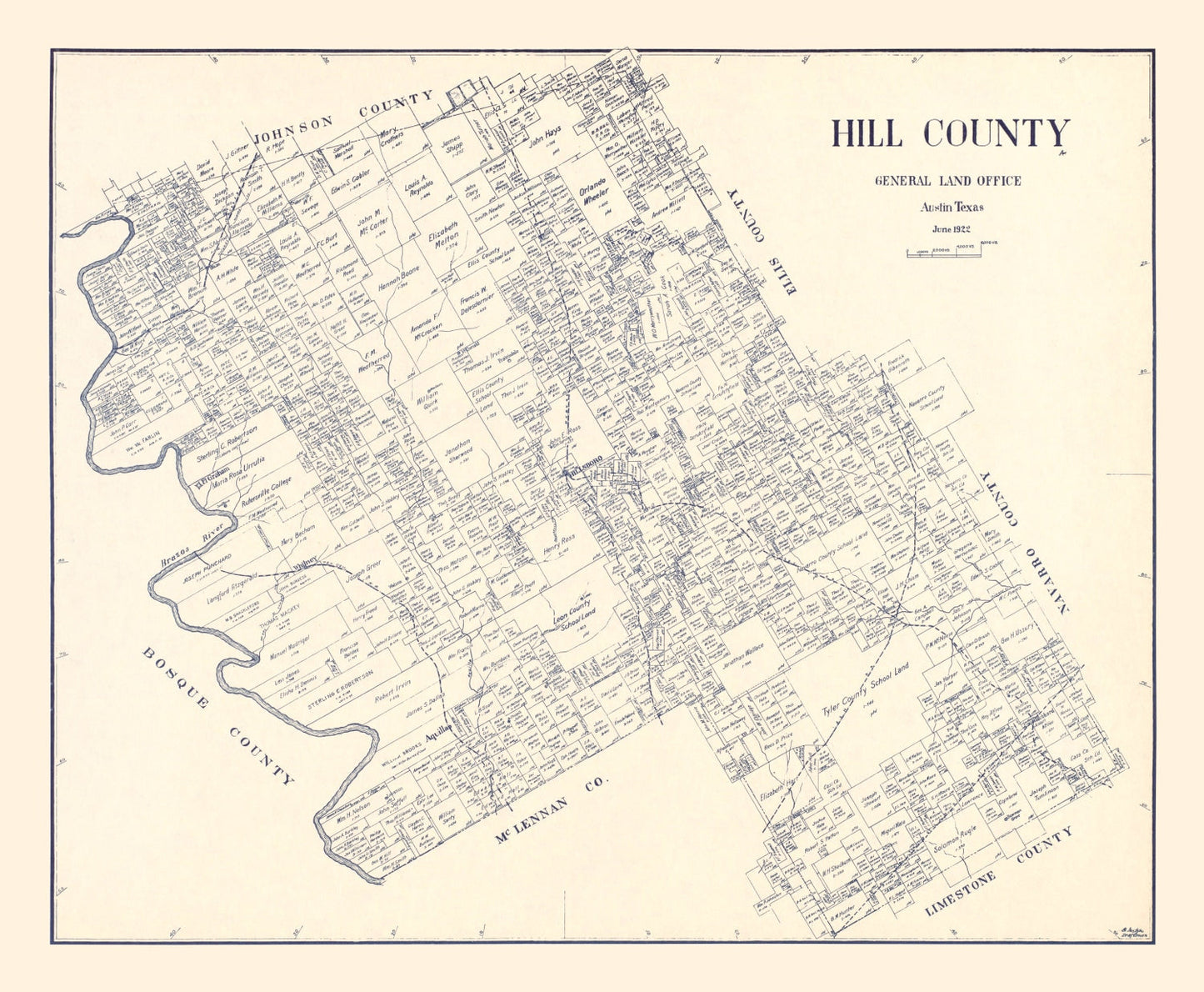 Vintage Map of Hill County, Texas, 1922 (Hillsboro Print)