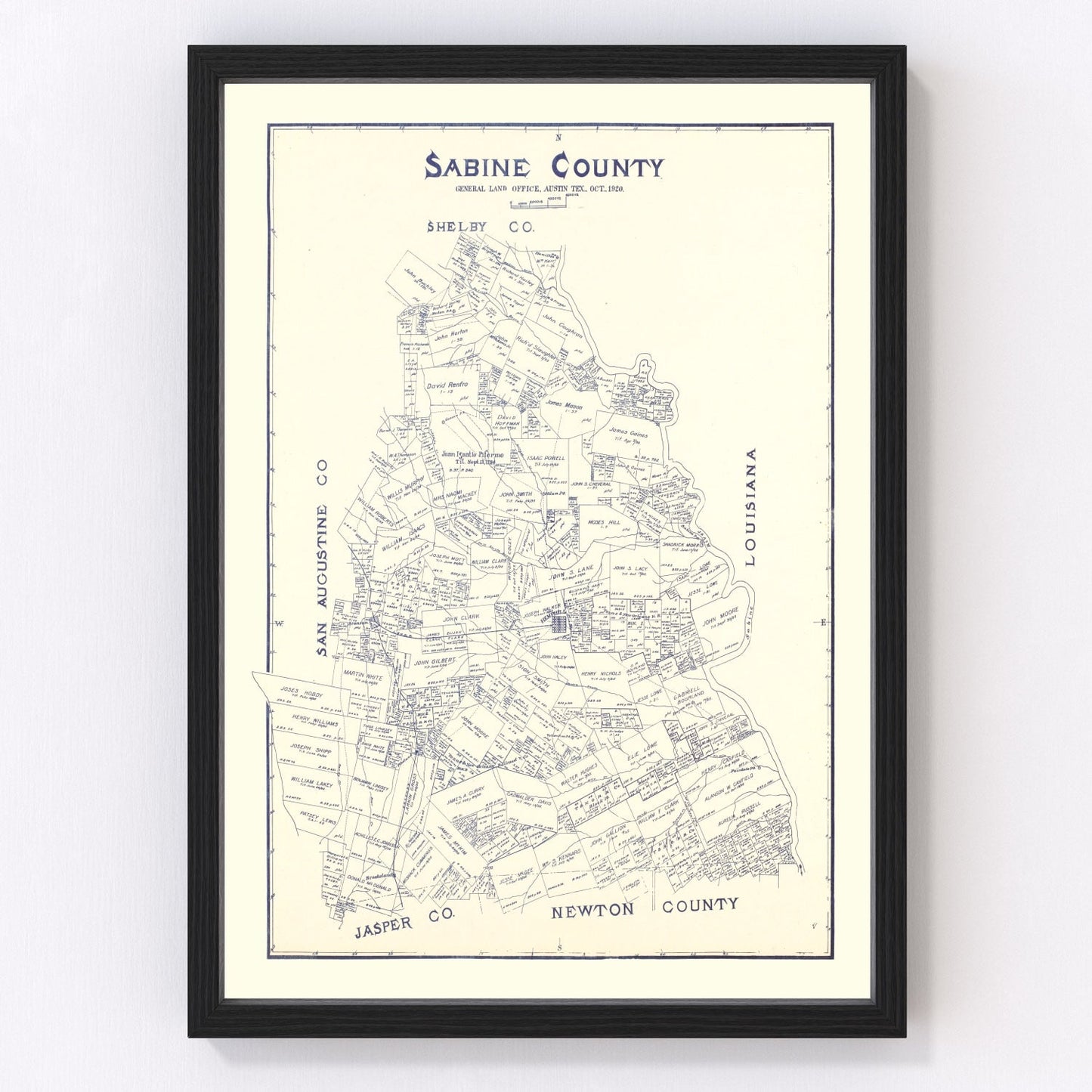 vintage map of Sabine County, Texas, 1920