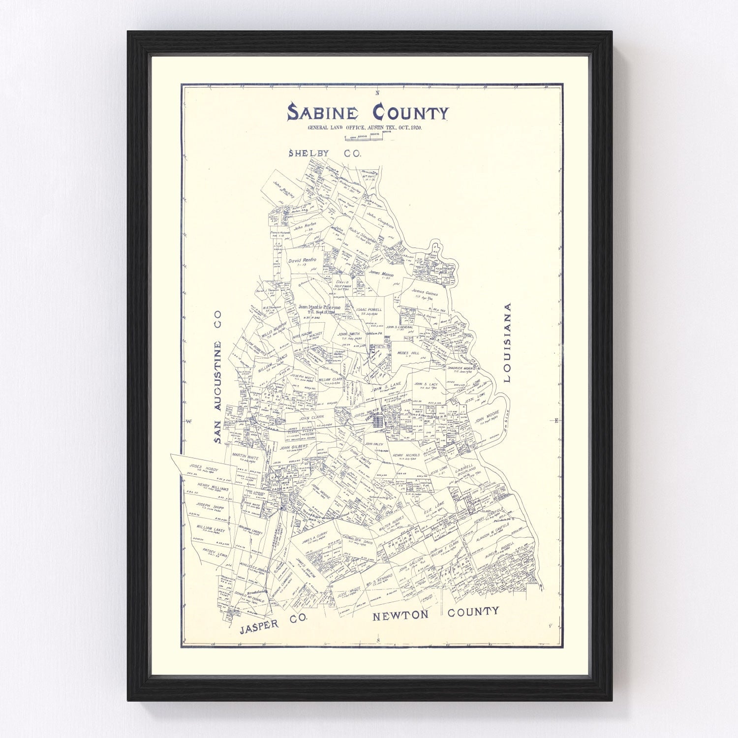 vintage map of Sabine County, Texas, 1920