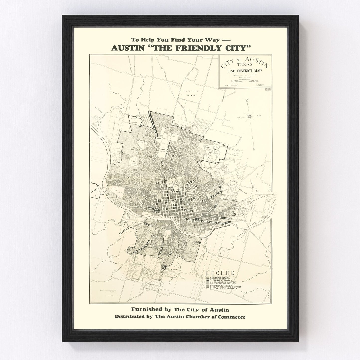Vintage map of Austin, Texas, 1943, Travis County restored print
