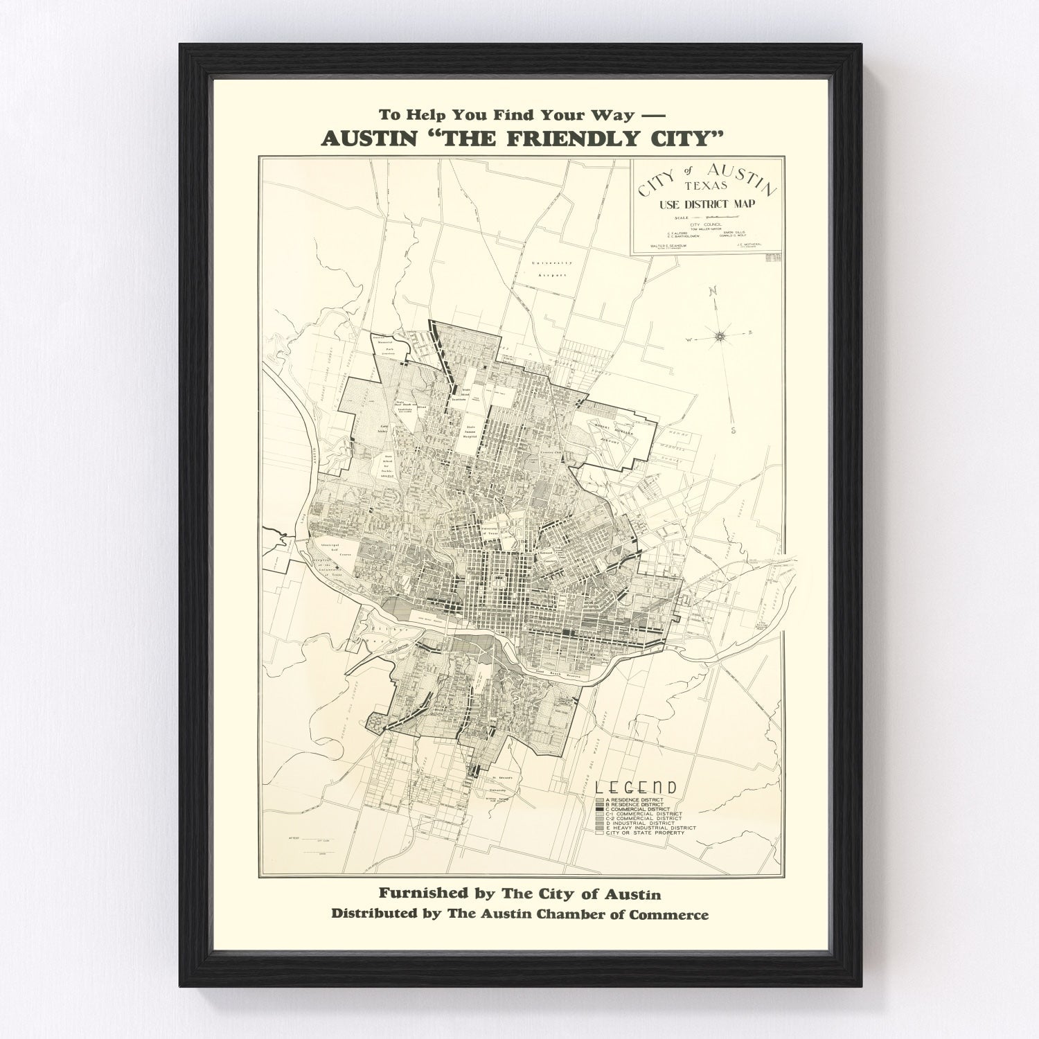 Vintage map of Austin, Texas, 1943, Travis County restored print