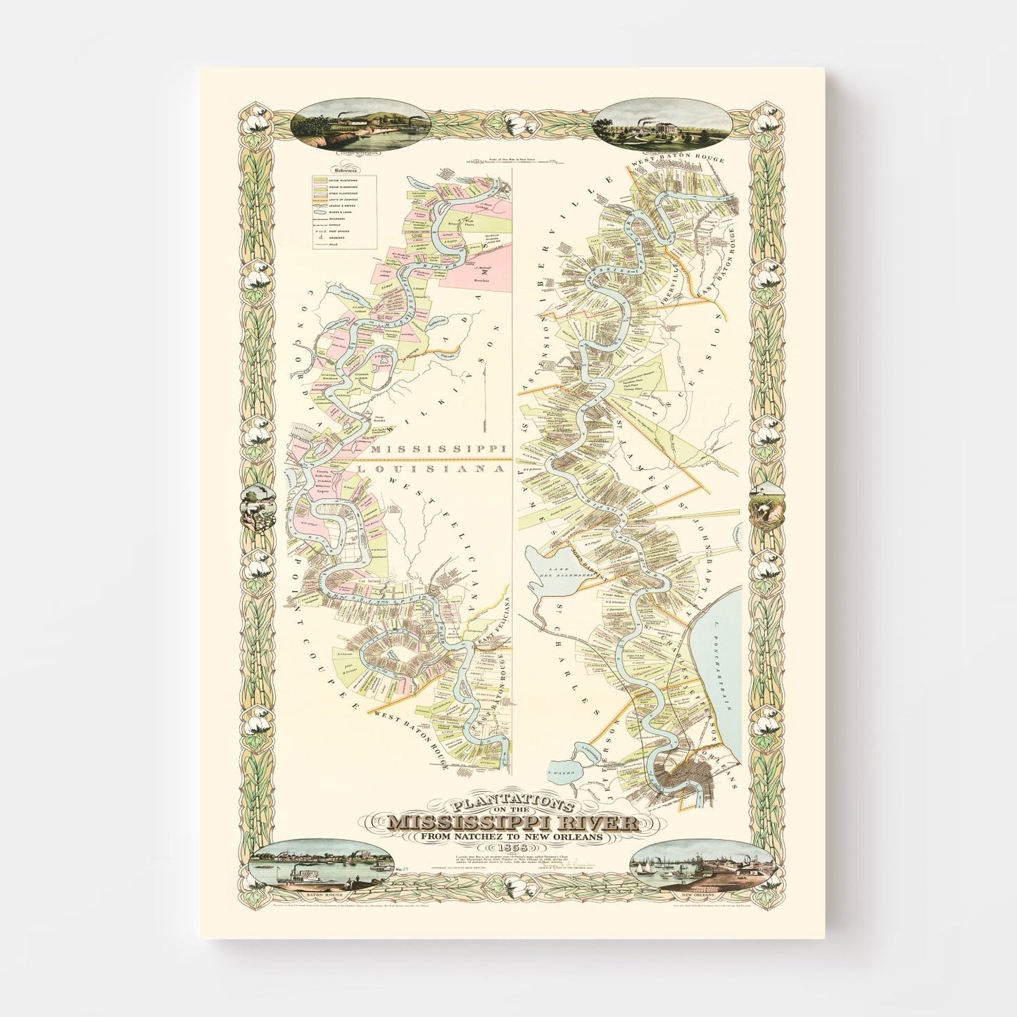 Vintage Plantations on the Mississippi River Map, 1858